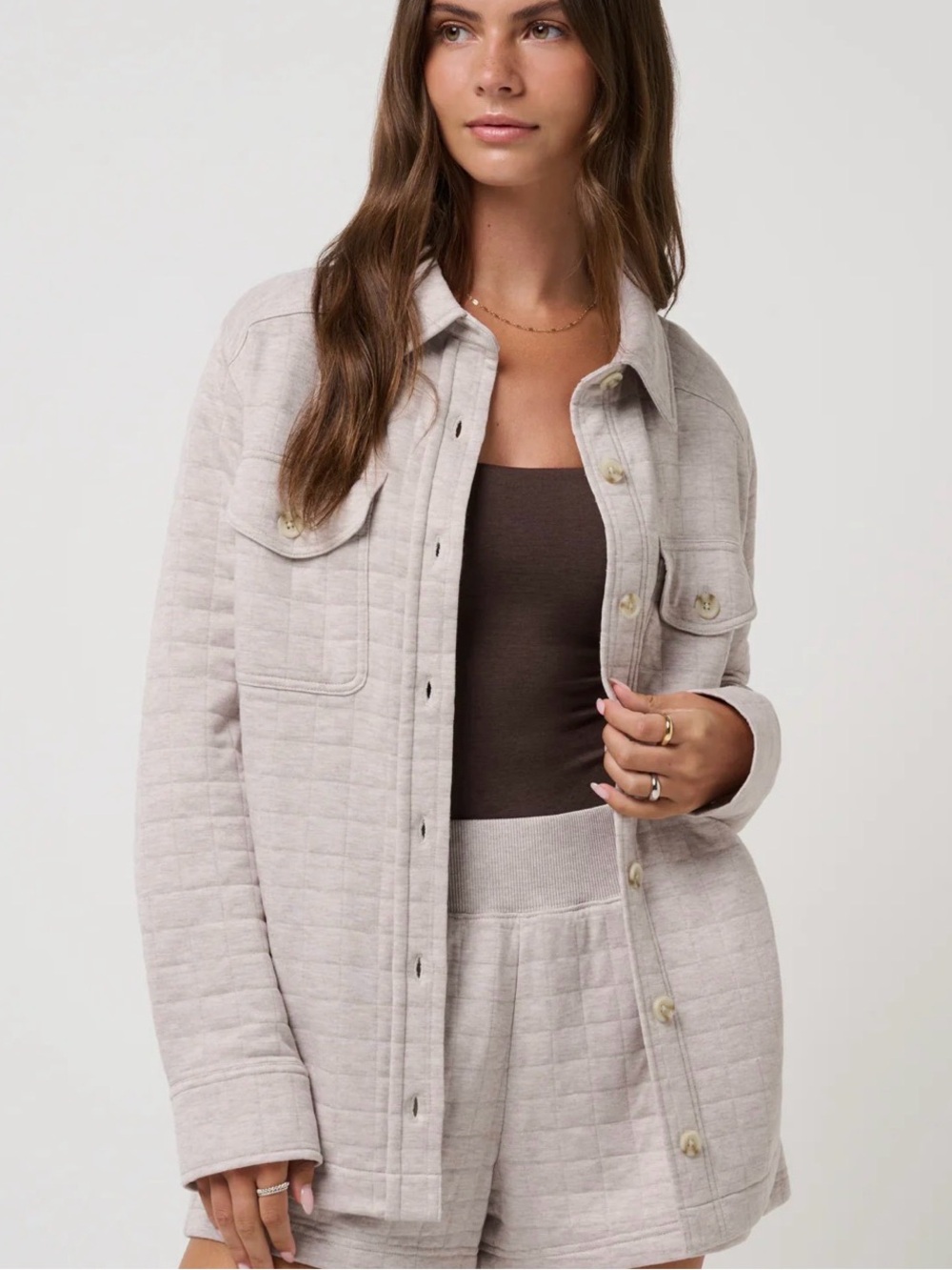 Travis Mathew Cloud Coastal Quilted Shacket in Heather Savannah Tan M